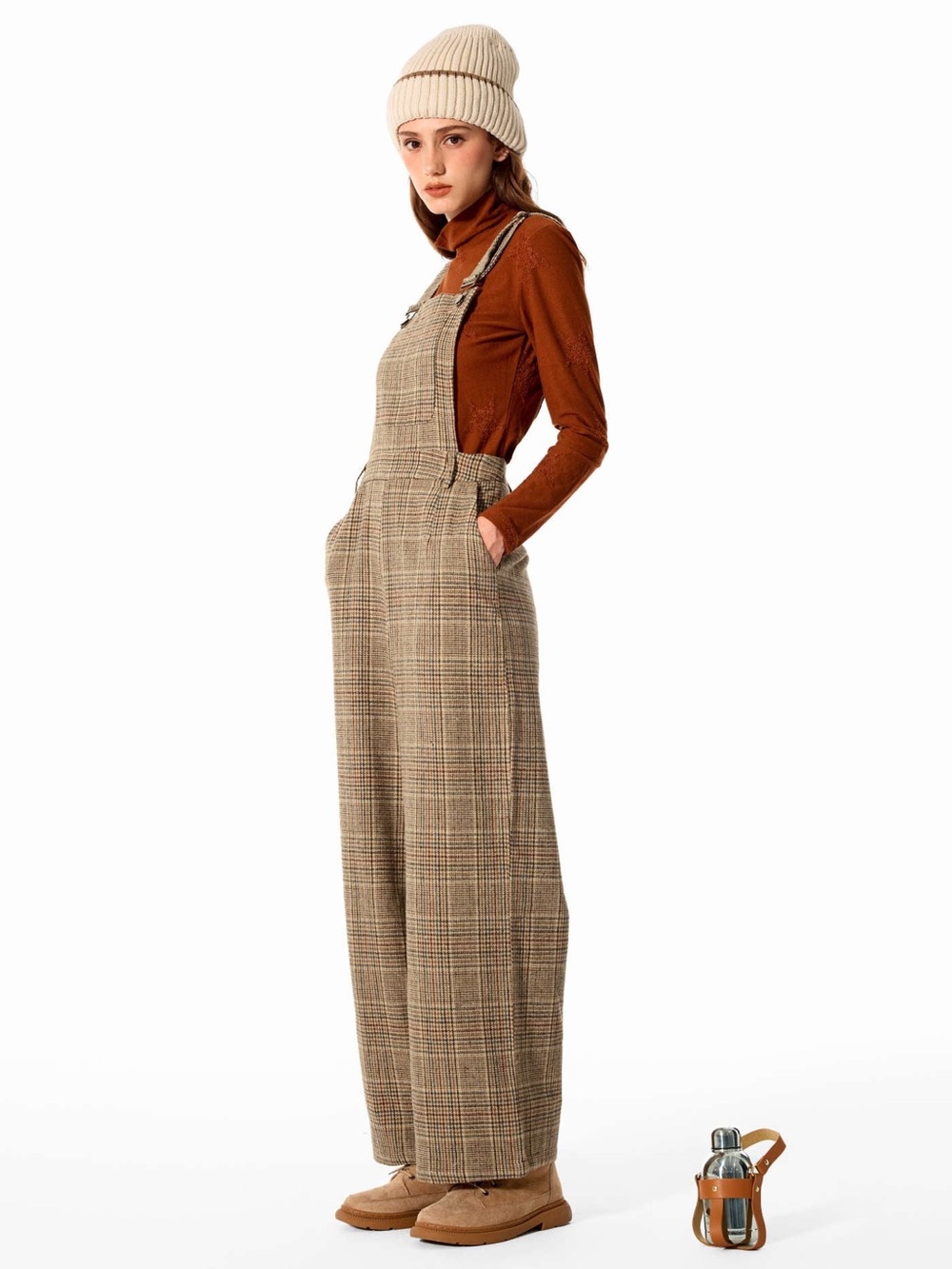 Cider Tweed Plaid Wide Leg Overalls Jumpsuit Fall Preppy S